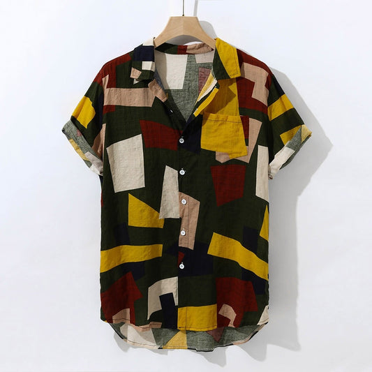 Short Sleeve geometric Print Color Block Shirt